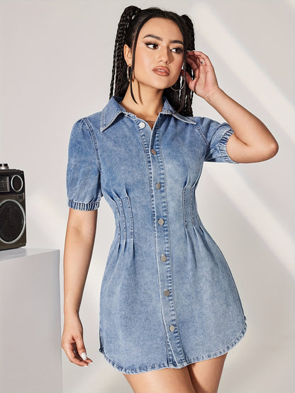 Elegant Ruffle-Waist Denim Dress for Women - Breathable, Versatile & Easy-Care with Short Sleeves, Ideal for Spring to Fall