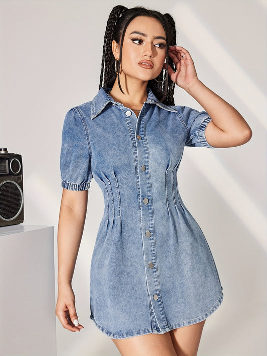 Elegant Ruffle-Waist Denim Dress for Women - Breathable, Versatile & Easy-Care with Short Sleeves, Ideal for Spring to Fall