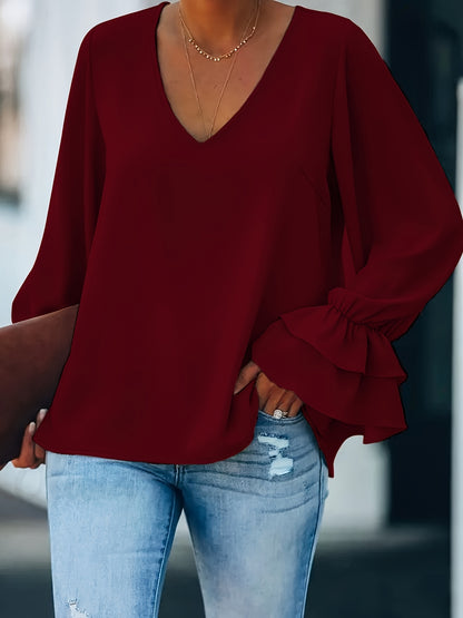 Flirty Ruffle Sleeve Plus Size Blouse - Chic V-Neck, Solid Color for Spring & Summer - Stylish Womens Plus Size Clothing