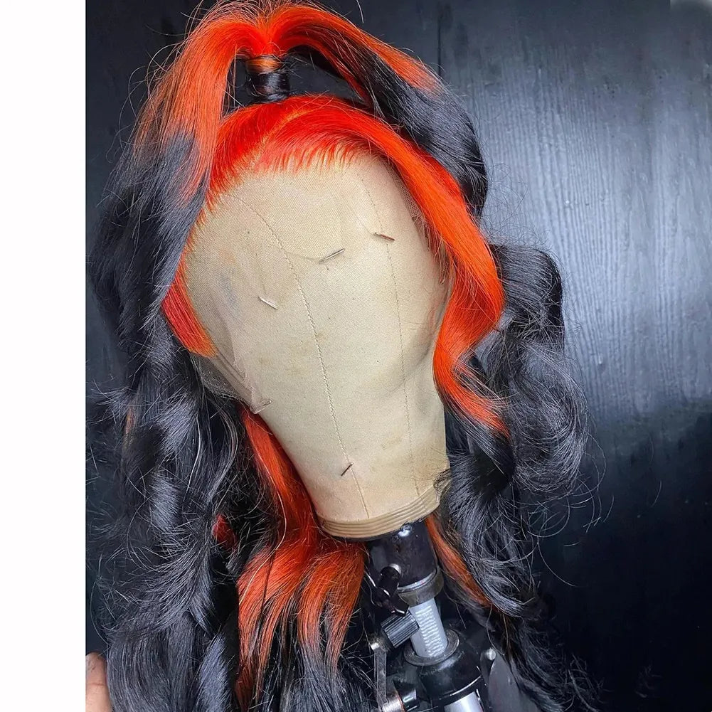 Ombre Ginger Orange Colored Lace Front Human Hair Wigs For Women Transparent Lace Body Wave Synthetic Wig Pre Plucked 180%