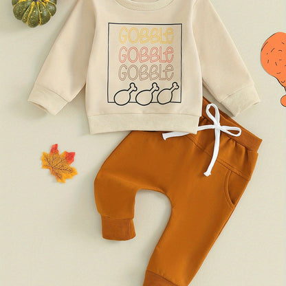 Toddler Boy Thanksgiving 2Pcs Warm Outfit Letter Print Long Sleeve Pullover and Elastic Waist Pants for Daily Wear