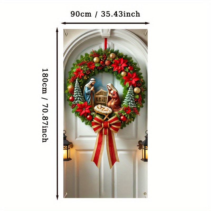 Nativity Scene Christmas Wreath Door Cover - Polyester, Machine Washable, Perfect for All Seasons & Home Decor (70.87x35.43 inches)