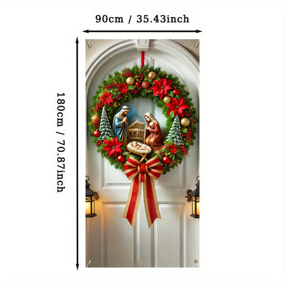 Nativity Scene Christmas Wreath Door Cover - Polyester, Machine Washable, Perfect for All Seasons & Home Decor (70.87x35.43 inches)