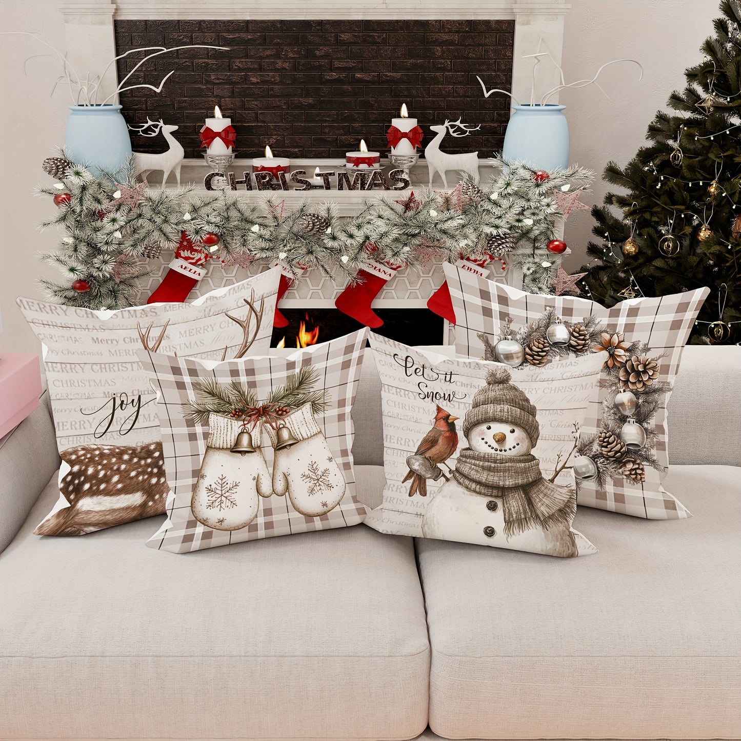 Set of 4 Christmas Velvet Throw Cushion Covers with Snowman, Deer, and Wreath Designs, Contemporary One-Sided Print Decorative Case for Farmhouse Sofa and Living Room Decor, Zipper Closure, Machine Washable - Without Inserts