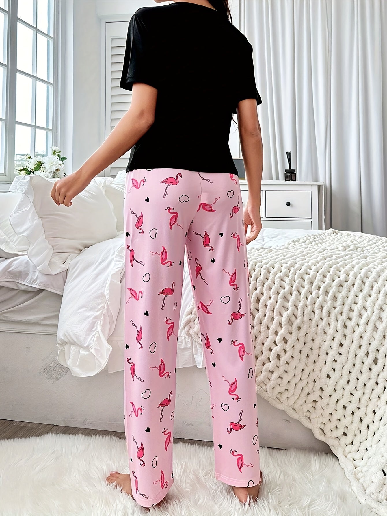 Womens Flamingo Print Relaxed Fit Pajama Set - Soft Polyester Short Sleeve Crew Neck Top & Pants with Bow Details - Comfortable, Cute, and Cozy for All Seasons