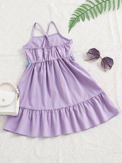 Toddler Girls Flowers Applique Ruffled Hem Cami Princess Dress For Party Beach Vacation Kids Summer Clothes