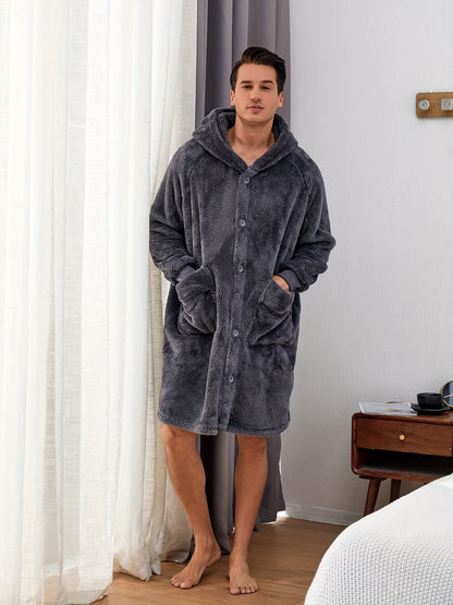Cozy Fleece Robe - Ultra-Soft Hooded Pajamas with Pocket & Hair Dry Hat, One-Piece Button-Up Kimono Night-Robe for Men, Perfect for Home Use After Bath, Warm and Toasty for Chilly Evenings