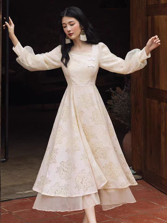 flowersverse Back to school  Autumn Mesh Lace Fairy Dress Chic Vintage Embroidery Lantern Sleeve Princess Dresses For Elegant Woman Date Party Vestido Festa