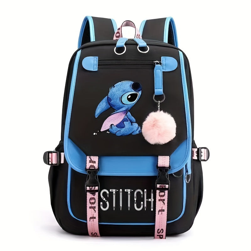 Stylish Cartoon Stitch Backpack - Durable Nylon Material, Zipper Closure, Polyester Lining, Preppy Style, Lightweight Design for School, Travel, and Daily Use - UME Brand