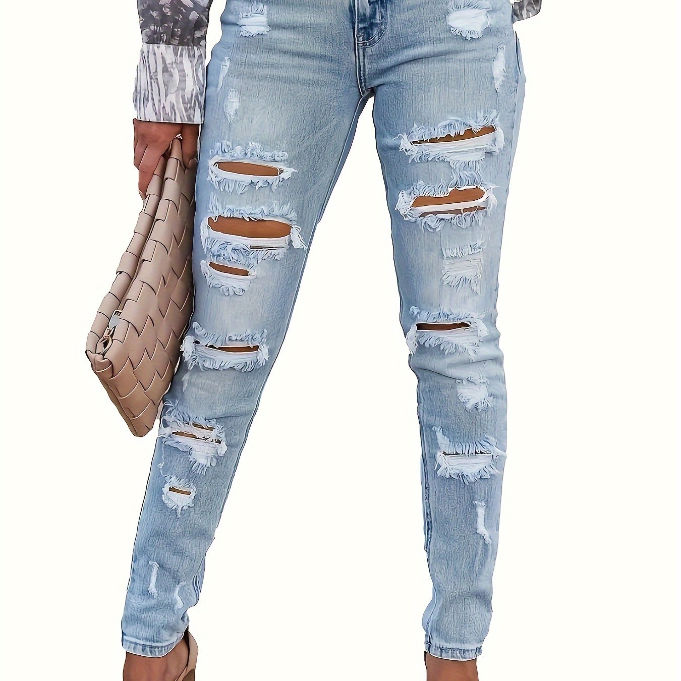 Womens Stretchy Skinny Jeans - Distressed Denim with Slant Pockets, Fashionable Daily Wear