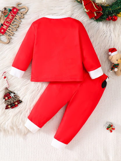 1set Infant Boys' Christmas Santa Print Long Sleeve Sweatshirt and Pants Set, Polyester and Spandex Blend, Round Neck, Regular Fit, Party Style, Knitted Fabric, Festive Holiday Outfit for Autumn/Winter, for Outdoor