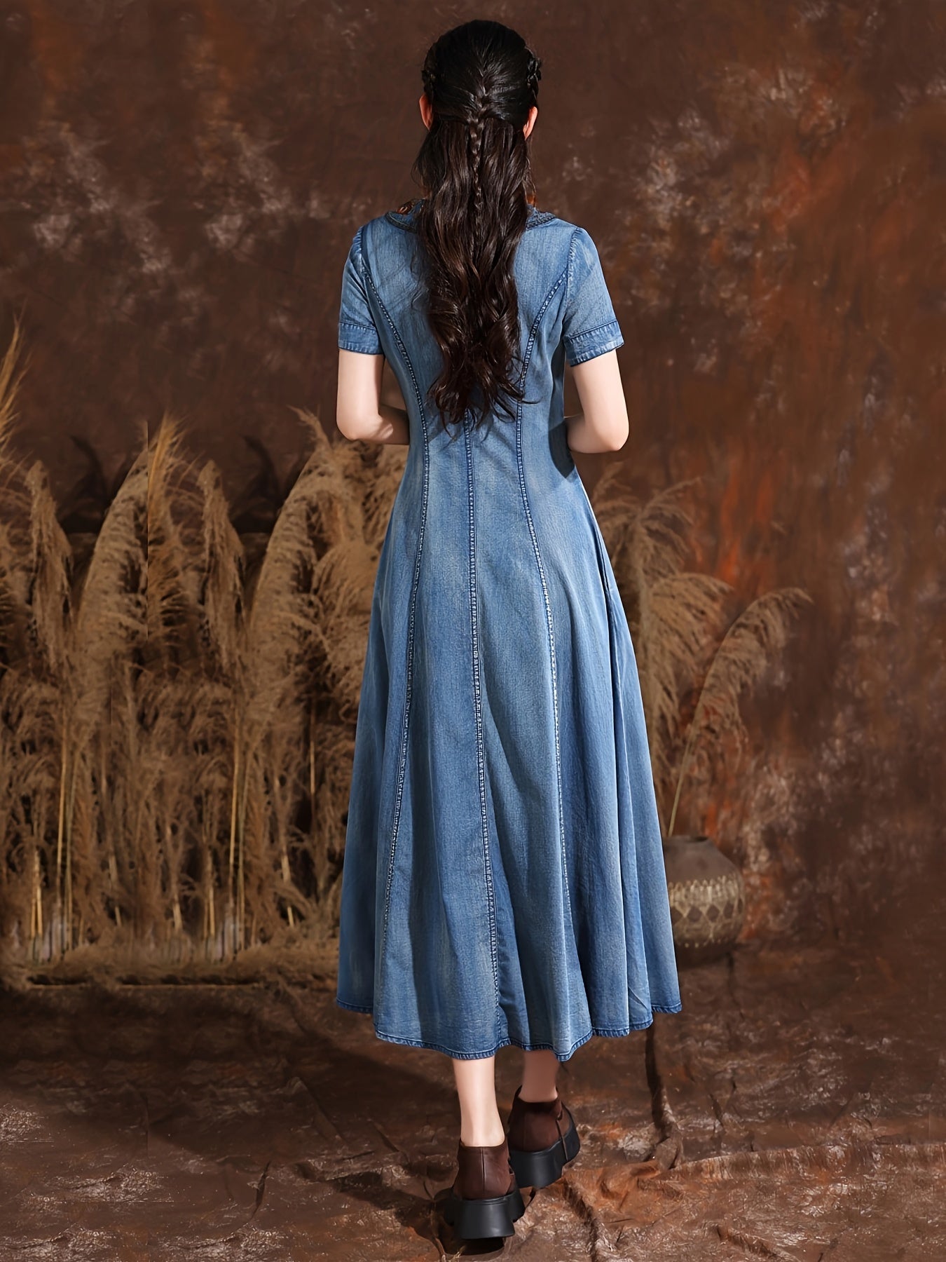 Floral Embroidery Chinese Cheongsam Style Pankou Knots Closure Short Sleeve Elegant Vintage Denim Dress, Women's Denim Jeans & Clothing