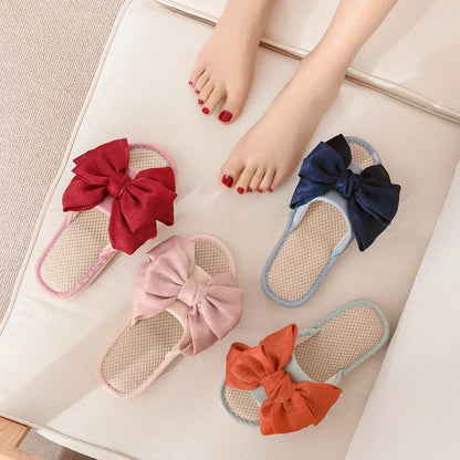 New fashion linen slippers women's silk bow cotton linen slippers women's indoor home can wear sandals outside orange