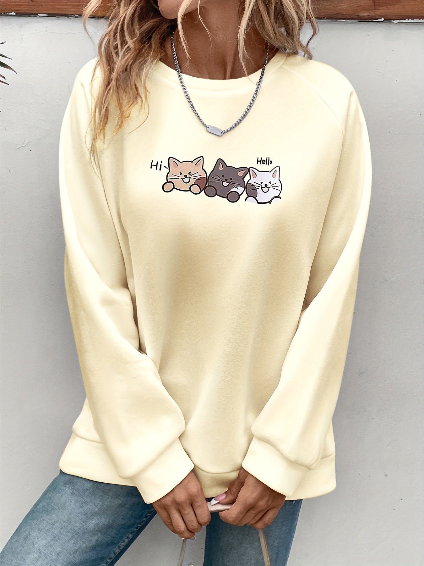 Cozy Fall/Winter Cat Print Sweatshirt - Easy-Care, Micro-Elastic, Casual Style for Women