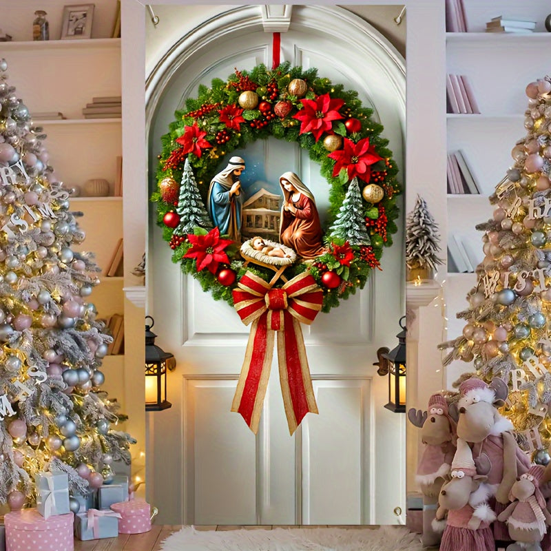 Nativity Scene Christmas Wreath Door Cover - Polyester, Machine Washable, Perfect for All Seasons & Home Decor (70.87x35.43 inches)