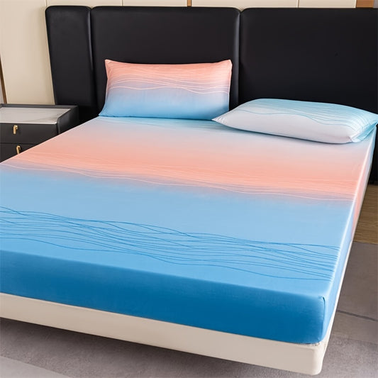 3pcs Polyester Printed Fitted Sheet Set - 1 Fitted Sheet With 2 Pillowcases No Filler, Gradient Blue Ocean Wave Design, Bedroom Decor