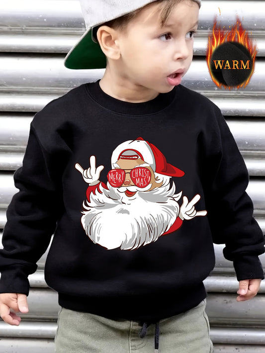 Merry Christmas Santa Claus Print Boys' Fleece-Lined Sweatshirt - Cozy & Stylish for Fall/Winter, Machine Washable