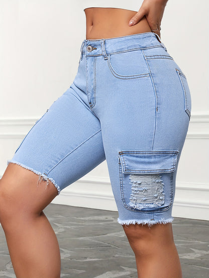 Women's High-Waisted Stretchy Flap Pocket Denim Bermuda Shorts, Fashionable Ripped Hem, Streetwear Knee-Length Jean Shorts