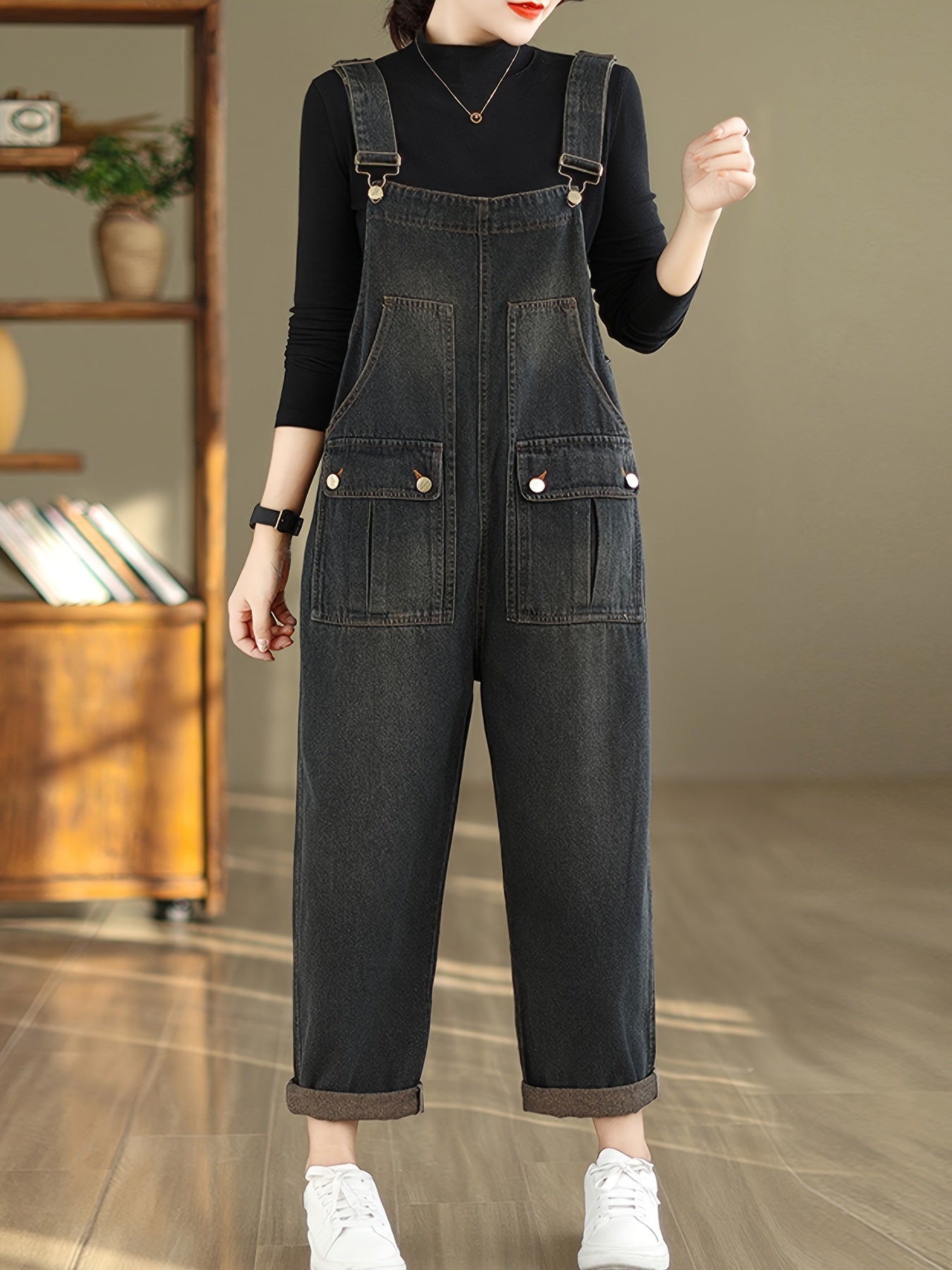 Women's Casual Distressed Denim Overalls, Loose Fit Adjustable Denim Jumpsuit With Pockets