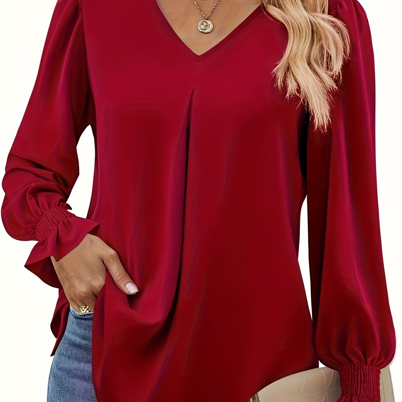 Plus Size Casual Blouse, Women's Plus Solid Shirred Flounce Sleeve V Neck Shirt Top