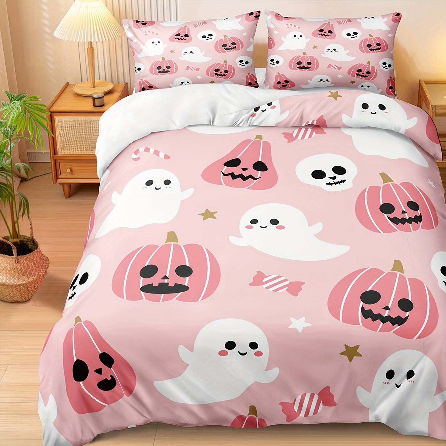 Halloween & Ghost Themed Duvet Cover Set, 3 Piece - 100% Polyester Lightweight Sanded Fabric, All-Season Digital Printed Bedding with Zipper Closure - Includes 1 Duvet Cover and 2 Pillowcases, Machine Washable, No Duvet Insert