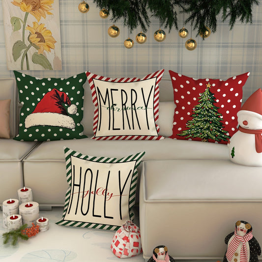 4-Pack 18x18 inches Velvet Christmas Throw Pillow Covers, Soft Decorative Cushion Cases with Santa Hat & Tree Design, Contemporary Farmhouse Style, Zippered, Machine Washable for Living Room Sofa Bed Decor