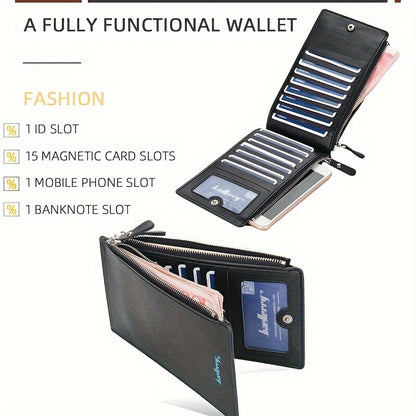 Classic Bi-Fold Faux Leather Long Wallet - Double Zipper, Multiple Card Slots, Slim Design, Elegant Clutch Purse with Snap Closure and Faux Leather Lining