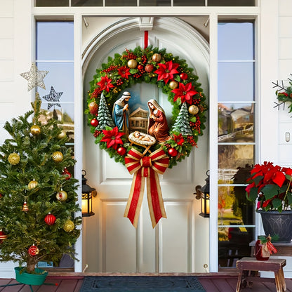Nativity Scene Christmas Wreath Door Cover - Polyester, Machine Washable, Perfect for All Seasons & Home Decor (70.87x35.43 inches)
