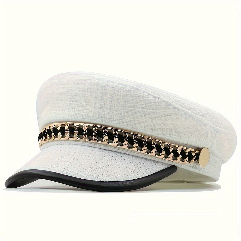 Chic Women's Cotton Beret with Chain Detail - Sun-Protective, Non-Stretch, Casual Fashion Painter Cap for Spring & Summer