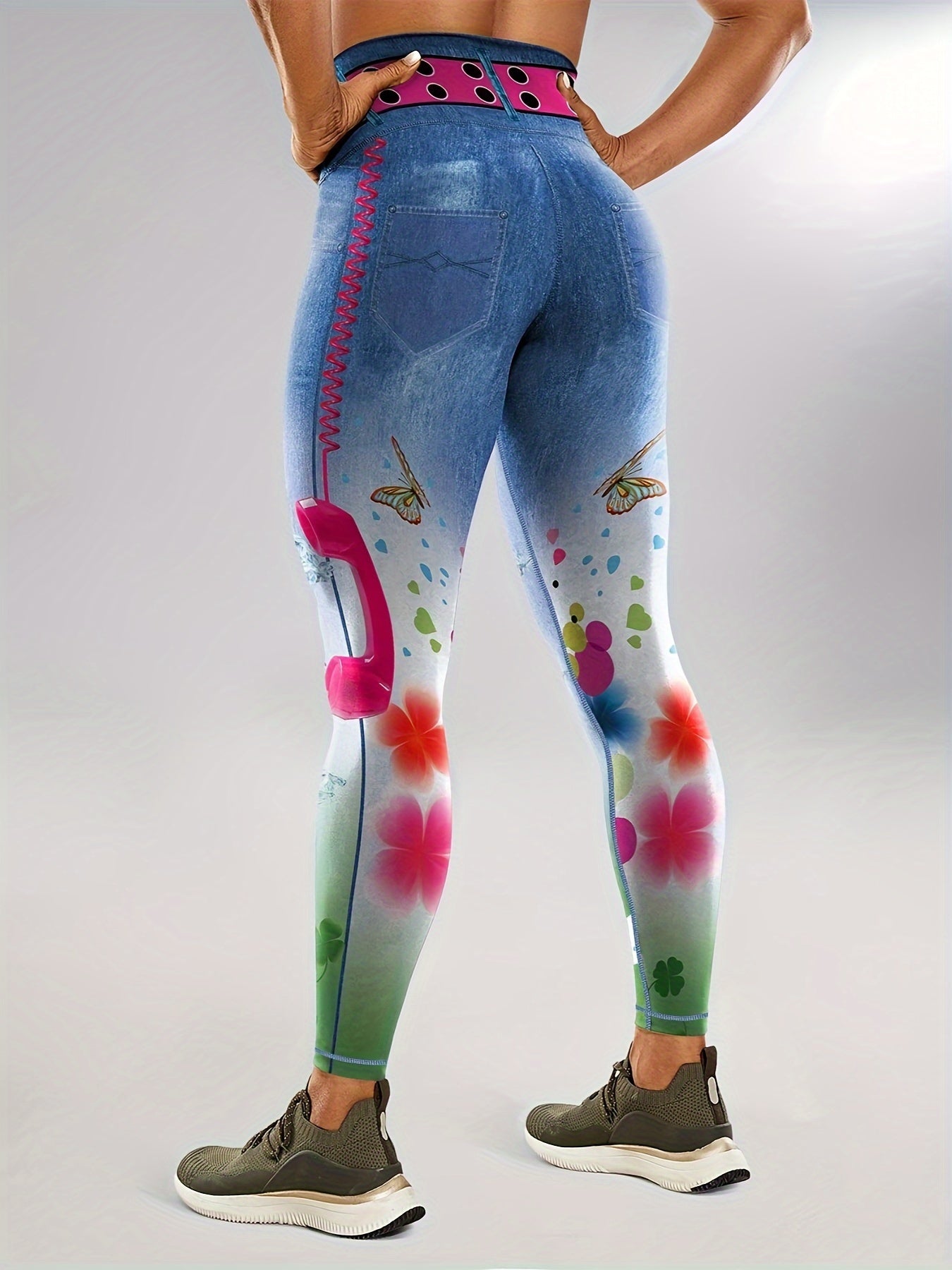 Faux Denim Print Color Butt Lifting Fitness Gym Sports Leggings, High Waist Yoga Workout Running Tight Pants, Women's Activewear