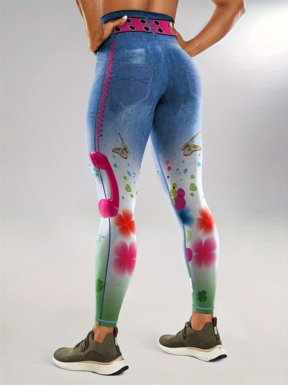 Faux Denim Print Color Butt Lifting Fitness Gym Sports Leggings, High Waist Yoga Workout Running Tight Pants, Women's Activewear