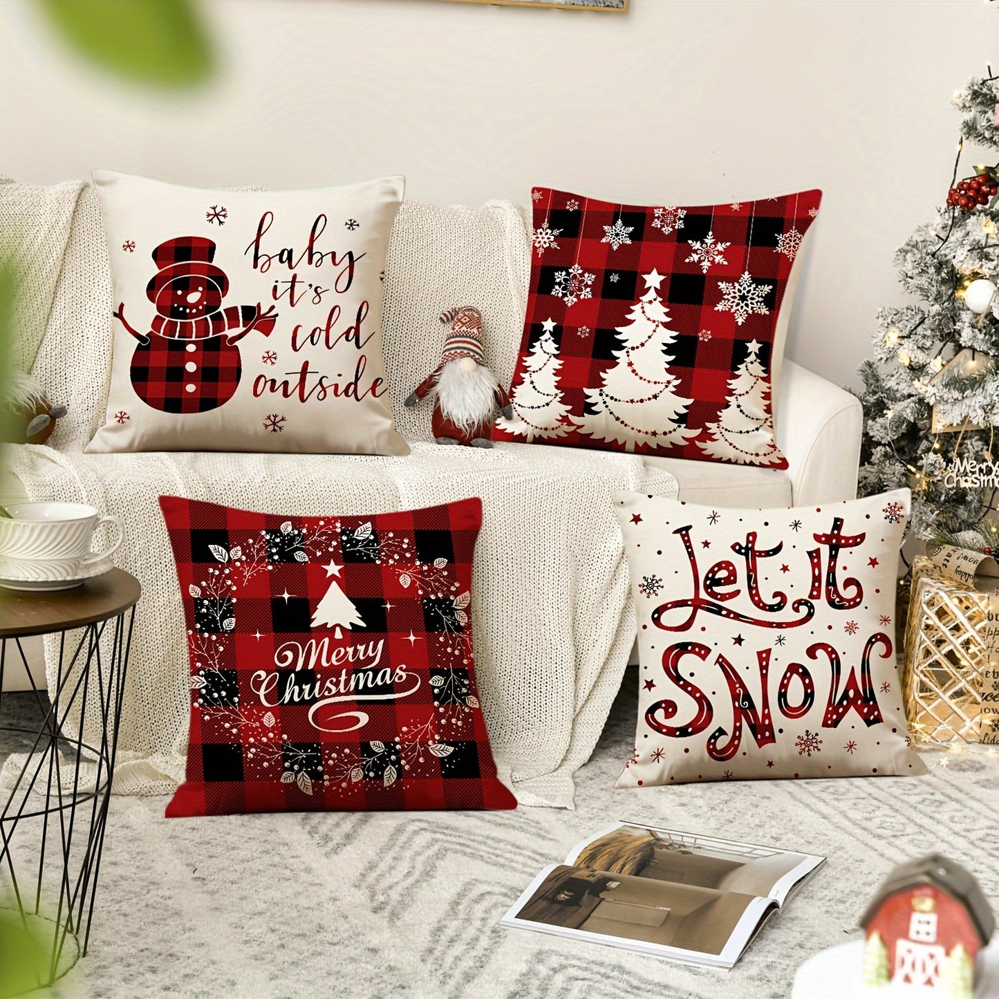 4pcs Festive Christmas Throw Pillow Covers (18"x18") - Cozy Snowman & Buffalo Plaid Designs with Zip Closure - Machine Washable Polyester - Perfect for Home & Office Decor