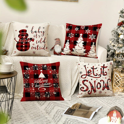 4pcs Festive Christmas Throw Pillow Covers (18"x18") - Cozy Snowman & Buffalo Plaid Designs with Zip Closure - Machine Washable Polyester - Perfect for Home & Office Decor
