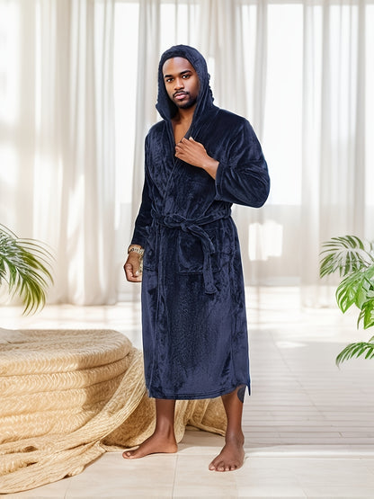 Men's Elegant Solid Fleece Hooded Bathrobe, Plush Flannel Robe With Pockets, All-Season Casual Lounge Robe