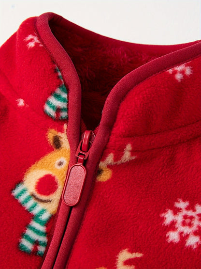 Cozy Boy's Reindeer Pattern Fleece Jacket, Warm Zip-Up Stand Collar Coat for Fall Winter Outdoor Adventures