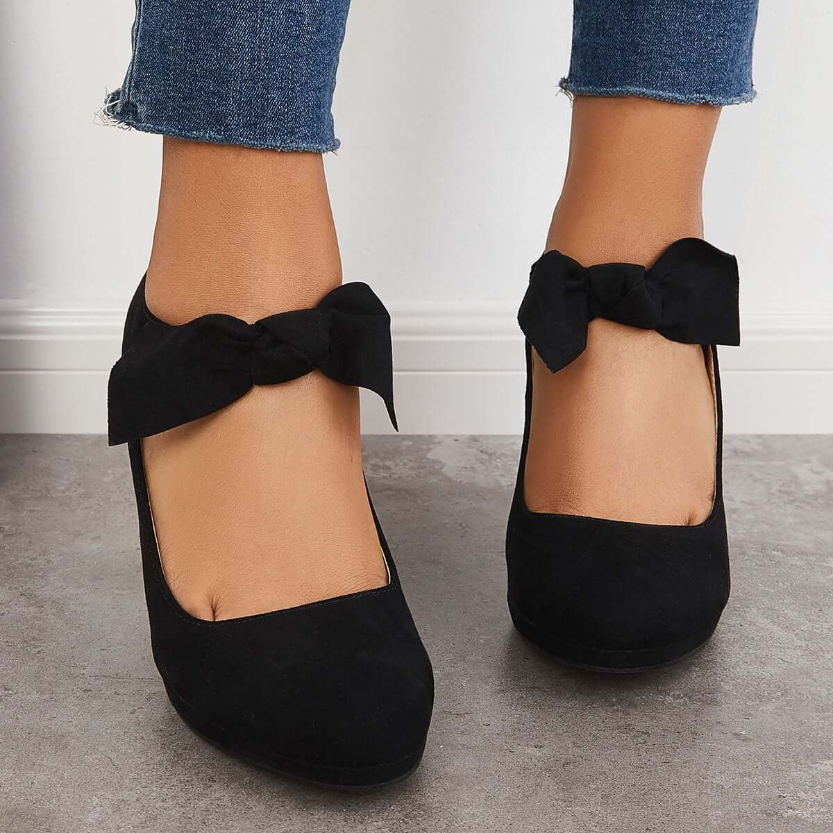 flowersverse - Thick Heel Mary Jane Pumps Bowknot Round Toe Ankle Strap Heels