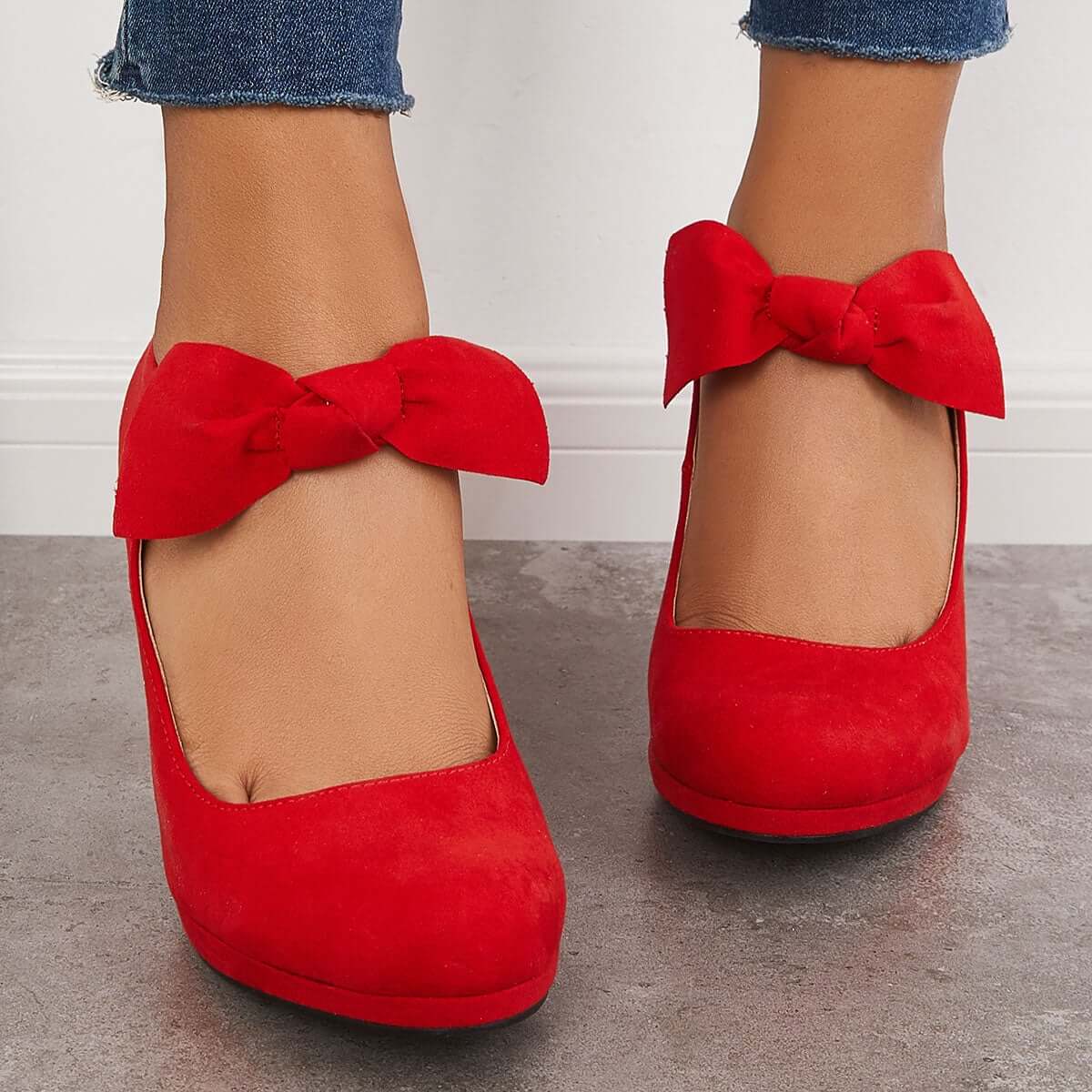 flowersverse - Thick Heel Mary Jane Pumps Bowknot Round Toe Ankle Strap Heels