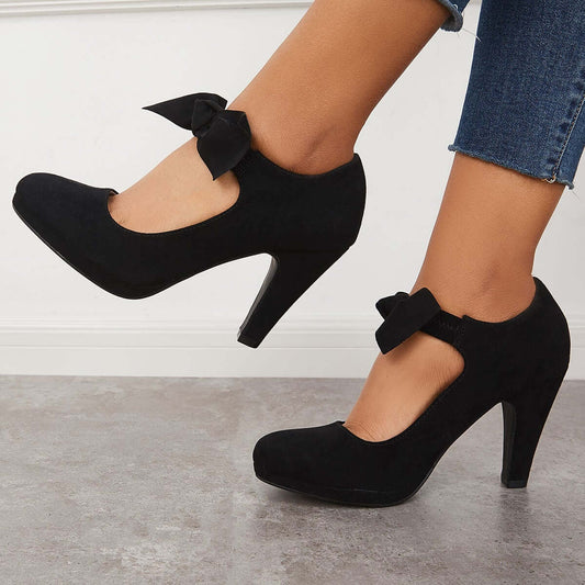 flowersverse - Thick Heel Mary Jane Pumps Bowknot Round Toe Ankle Strap Heels