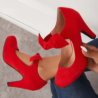 flowersverse - Thick Heel Mary Jane Pumps Bowknot Round Toe Ankle Strap Heels