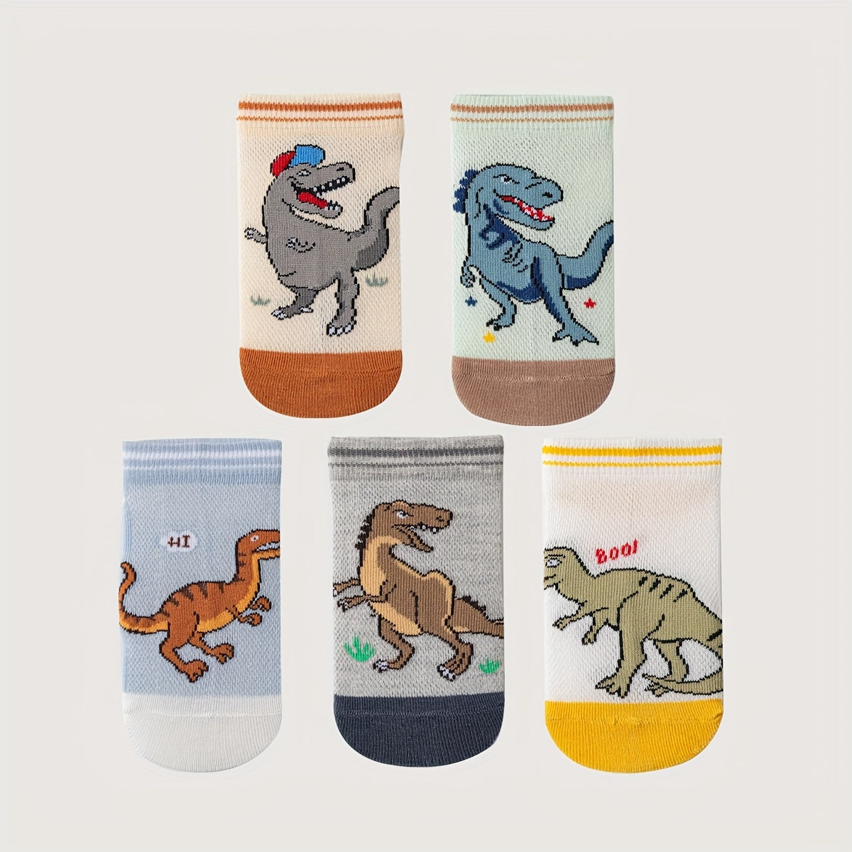 5 Pairs Of Boy's Trendy Dinosaur Pattern Thin & Mesh Breathable No Show Socks, Comfy Casual Soft Socks For Kid's Outdoor Activities