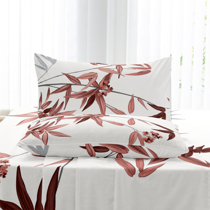 4pcs Luxurious Bamboo Leaf Print Fitted Sheet Set - Soft, Breathable, Comfortable, Hypoallergenic Bedding for Bedroom, Guest Room - 1 Flat Sheet, 1 Fitted Sheet, 2 Pillowcases, No Core Included, Easy Care, Wrinkle-Resistant, and Fade-Proof