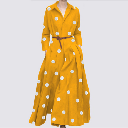 flowersverse Long Sleeves Loose Polka-Dot Split-Front Split-Side Lapel Maxi Dresses