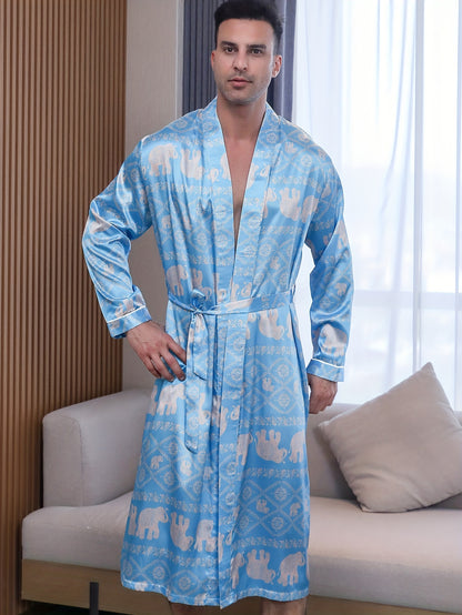 Men's Long Sleeve & Elephant Pattern Robes, Soft Comfy & Gentle Casual Nightgown For Men's Indoor Activities