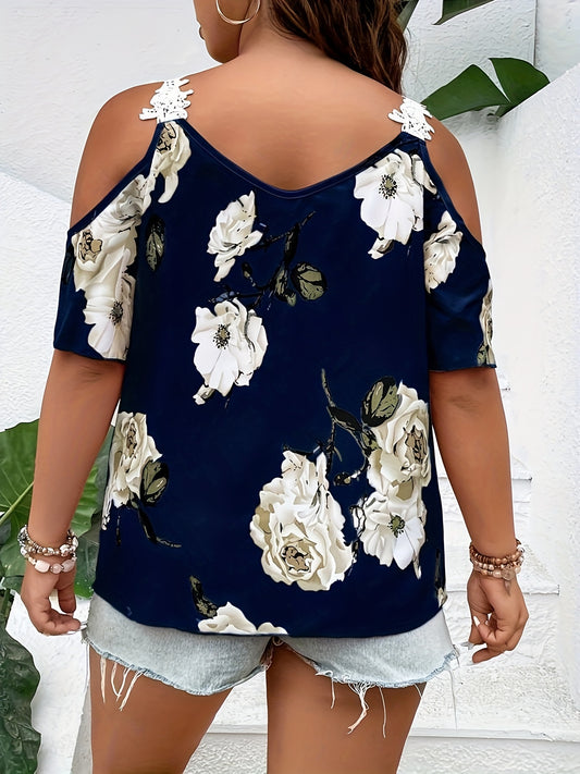 Plus Size Elegant V Neck Floral Print Blouse - Chic Guipure Lace Details, Slight Stretch Polyester Fabric, Perfect for Spring and Summer Vacation - Womens Stylish Shirting