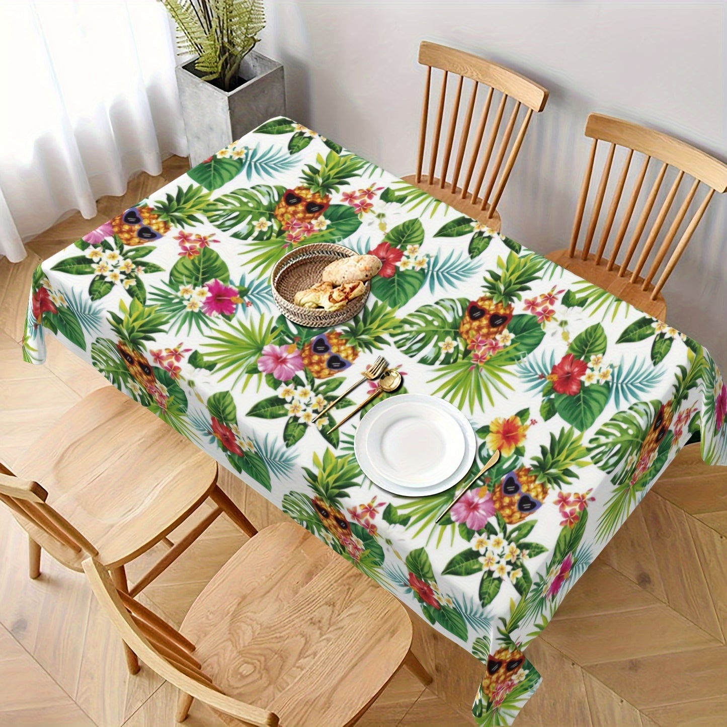 1pc Vibrant Hawaiian Pineapple Polyester Tablecloth - Waterproof, Stain-Resistant, Wrinkle-Free, Easy-Care Green Table Cover with Palm Leaves Design - Perfect for Home Kitchen Dining Party Decoration and Room Decor