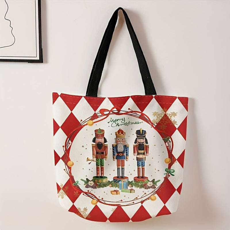 Festive Christmas Nutcracker Pattern Tote Bag - Stylish Reusable Polyester Shoulder Bag with Multi-Functional Design, Durable Casual Shopper, Letter Print, Non-Washable, Perfect for Holiday Shopping and Daily Use