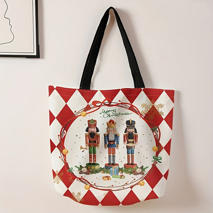 Festive Christmas Nutcracker Pattern Tote Bag - Stylish Reusable Polyester Shoulder Bag with Multi-Functional Design, Durable Casual Shopper, Letter Print, Non-Washable, Perfect for Holiday Shopping and Daily Use