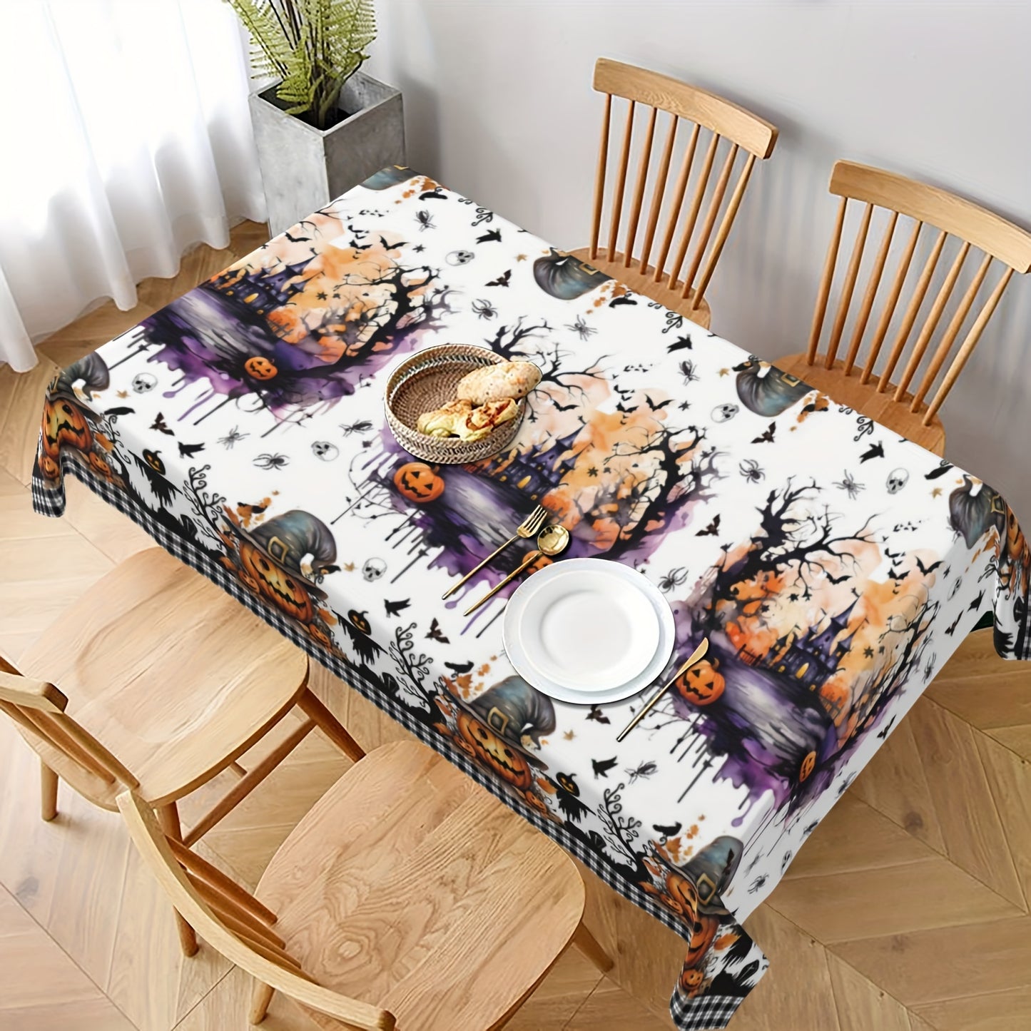 1pc Vibrant Halloween Tablecloth - Polyester Table Cover for Home Kitchen Dining Picnic Decoration with Black White Buffalo Check Ghost Pumpkin Skeleton Castle Holiday Pattern - Perfect for Spooky Season Home Supplies