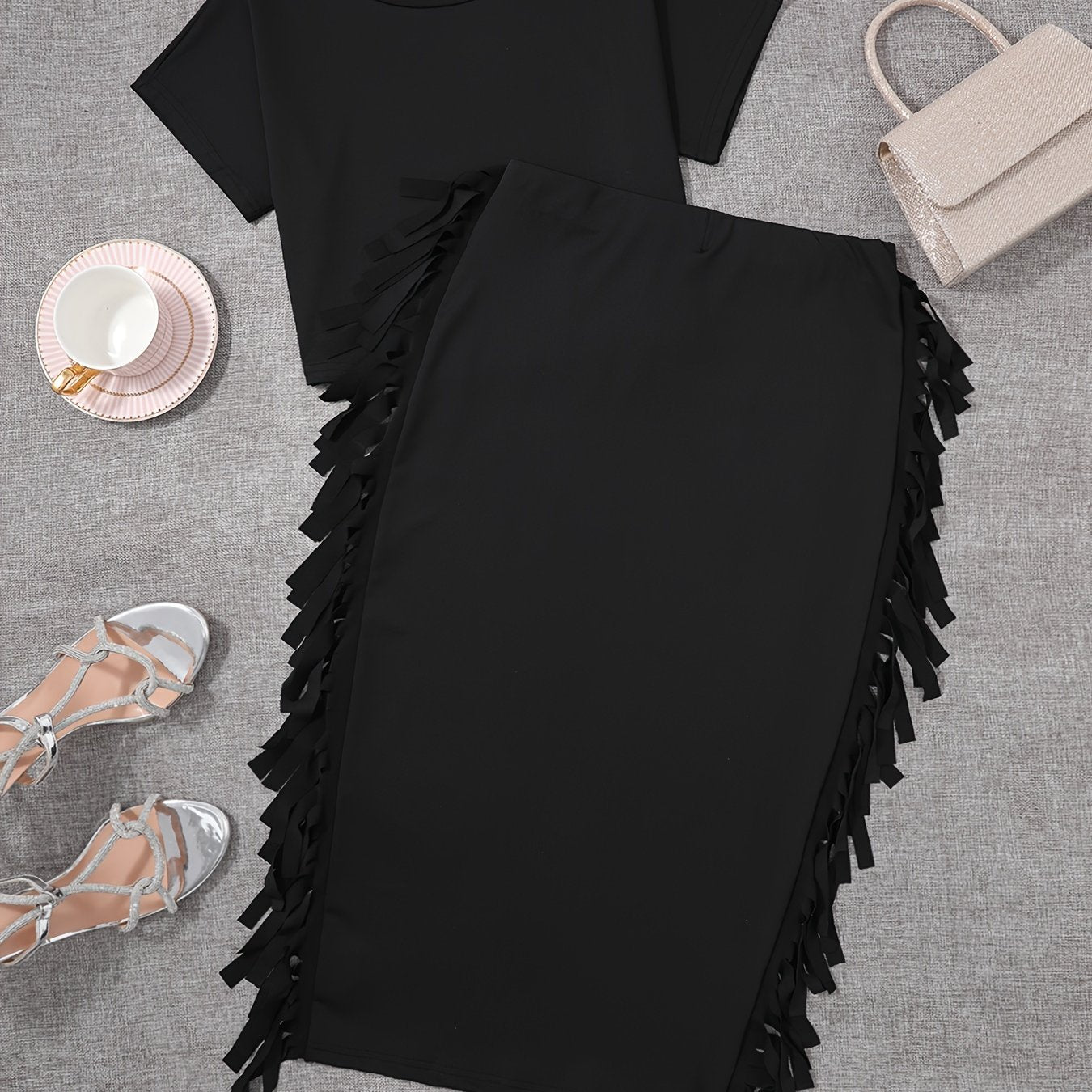 Tassel Embellished Crew Neck Short Sleeve Top & High Waist Slim Fit Skirt Set - Polyester Fabric, High Elasticity, Solid Color, No Printing, Young Stylish Design - Ideal for All Seasons