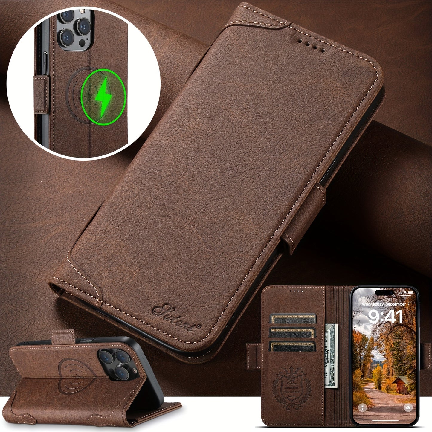 iPhone 12/13/14/15 Plus Pro Max Compatible - Premium Faux Leather Wireless Charging Magnetic Clamshell Phone Holster Wallet with Strong Magnetic Buckle and Card Slots - SUTENI Brand